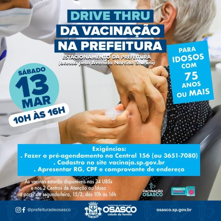 Sábado 13 tem drive thru da vacina para idosos de 75 anos na